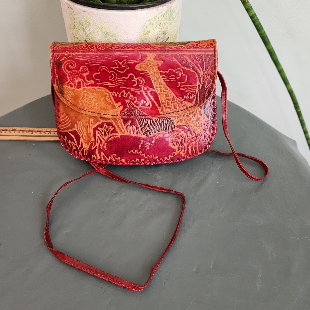 African Animal Brown/Red Genuine Leather Purse Made in Italy Vintage
